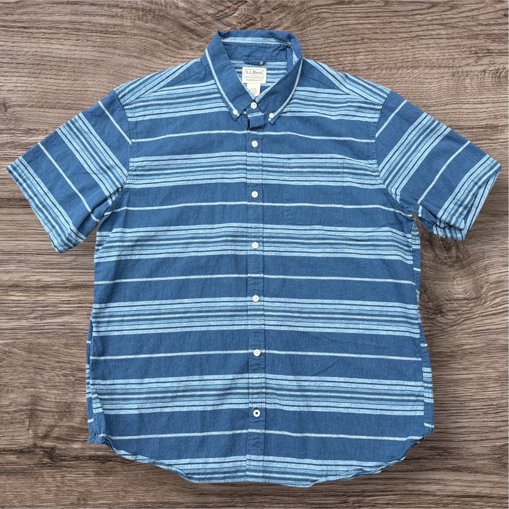 LL Bean Mens L Blue Striped Hemp Lyocell Blend‎ Short Sleeve Button Down Shirt